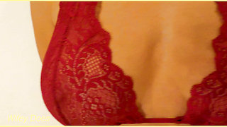 Wifey wears sexy red lingerie with her perfect tits.