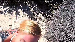 Blonde sucks cock POV on vacation at the beach