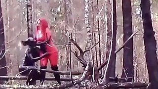 Femdom Humiliation Outdoor: Latex Mistress and Rubber Submissive