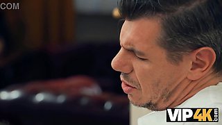 Vip4k. sexy dark haired thinks that the whistle is a signal to blow an senior cock