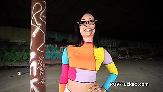 Dark haired petite fucks in glasses on pov porn sex tape