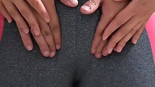 Masturbating Her Camel Toe on the Table with the Neighbor's Help.