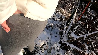 Snaowballs and Spanking on Her Naked Ass Outdoors