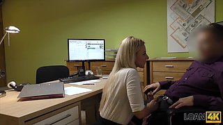 Blonde slutty girl offers to pay her debts through unconventional means and jumps on her loaner's cock