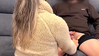 Enough! My wife is coming now! Milf jerks off her friend's husband.