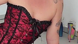 Orgasm on the Fuck Machine in a Red Corset