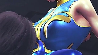 Chun Li Street Fighter 6 - Sexy Cosplay Anime Girl in Blue Latex Costume Gets Her Pussy Licked Through Tight Pants with Orgasm