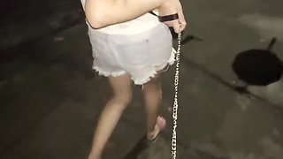 Humiliating Chastity Walk on a Leash Attached to His Locked Cock