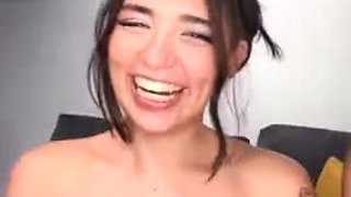 Brunette amateur babe strips off and masturbates