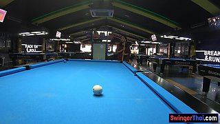 Curvy bottom Thai GF plays pool and blowjobs