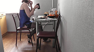 Cute Girl. Sexy Assol in Erotic Lingerie Peignoir Stockings Makes Coffee in Kitchen. Fetish. Erotica of Beautiful Woman. Perfect