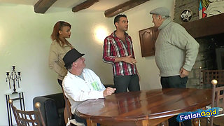 Hot redhead ebony in a dirty threesome with the old dude and her young fucker