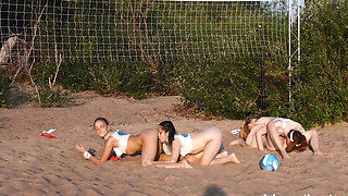 Seductive hot lesbians cums together on beach heavily