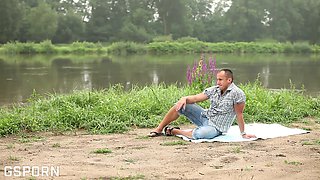 Sensual Sex Near the River with Romantic Couple of Big Tits Brunette Girls