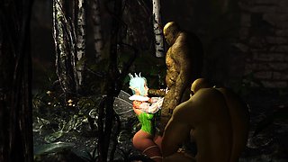 Threesome with a beautiful hot fairy and two orcs in forest