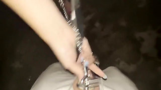 Humiliating Chastity Walk on a Leash Attached to His Locked Cock