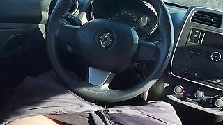 Risky outdoor car masturbation, riding the gear lever, moaning and orgasm (POV)