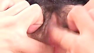 Japanese hairy snatch licked and fingered with passion