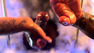 Hot blonde strokes and sucks black cock in glory hole