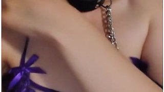 Stepdaddy Bought Tiny Titties Camgirl Nipple Clamp Collar Purple Lingerie