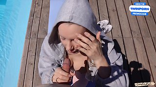 Neighbor catches morning yoga by the pool and jumps in with me