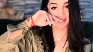 Busty curly brunette with big boobs fucks on couch