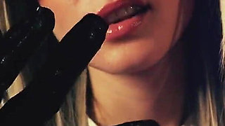 Sexy Blonde in Long Leather Gloves Will Make You Cum Powerfully