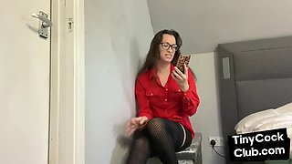 Small cock losers mocked by CFNM babe with glasses