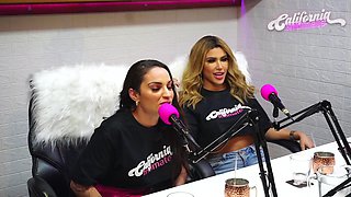 Flavia Oliver performs oral sex on Natasha Steffens during the recording of the California Podcast