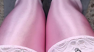 New pink bright stockings, rubbing, high heels
