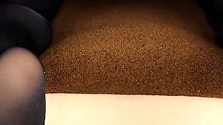 Jerks off his feet. Latex. Cum on legs