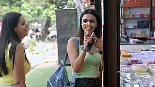 Mature brunette lesbian licks a pussy outdoors