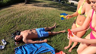 Four babes enjoy a fun day out and make love in pov - foursome