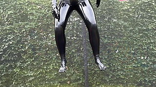 Miss Fetilicious jumping in latex catsuit