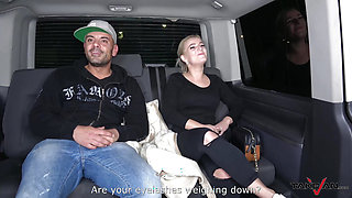 Blonde with amazing natural rack shakes it on a massive drill