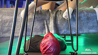 Mistress in dirty white socks uses her foot slave under the bed and make facedildo footjob