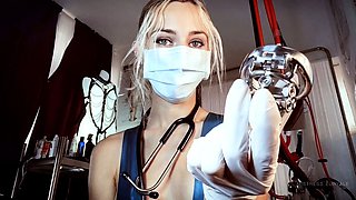 Femdom fetish blonde makes cuckold lick cumshot