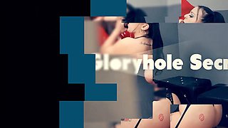 Tattooed Redhead in Glasses Gloryhole Blowjob on Huge Cock
