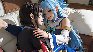 Sfw Aqua and Yunyun From Konosuba Soft Show Touching and Kissing Lesbian