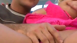 Sweet blonde babe fucked and milked by the pool