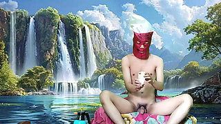 Masturbating with a dildo made from a bottle, used under a waterfall.
