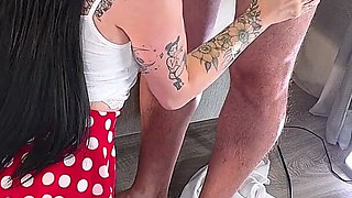 Creme Try on to Get the Most of the Cum Until the Last Drop From the Cock with a Tattooed Hot Brunette Babe in CFNM Mode