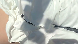 Lady Oops Slut Exhibitionist in Car Micro Skirt and Big Tits