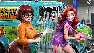 Velma and Daphne Enjoy a Sensual Soapy Nude Car Wash Cleaning the Classic Mystery Machine Van Thoroughly