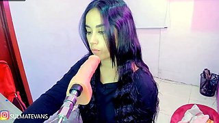 Brunette Sucks Big Pink Dildo Machine