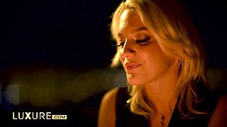 Kenna James in lingerie and suspenders takes two men for anal and double penetration