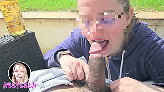 Inexperienced French cutie Neeyleen gives a blowjob to a guy enjoying his beer in the sun