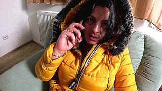 Smoking Phone Call Downjacket. Noisy Hooded Blowjob and Cum on My Coat