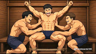 Sauna Bench Bound - Sweat-Slick Muscle Jock Tickled On Armpits And Abs (2D Anime Bara)