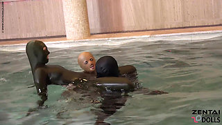 Two Zentai Girls with Slave in Pool